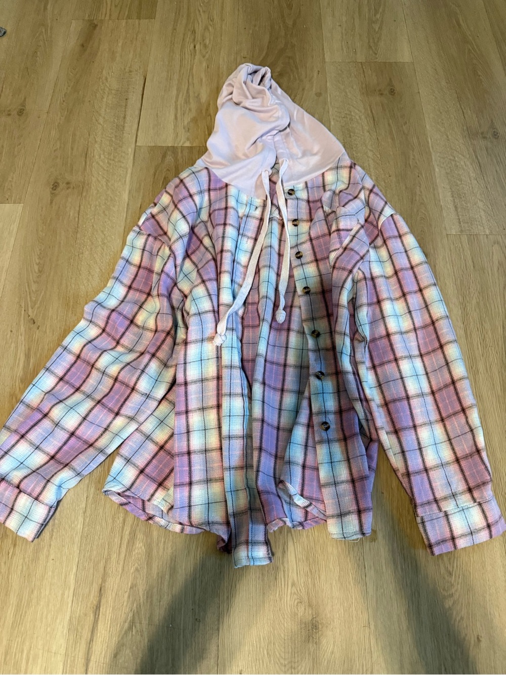 Pink Pastel Plaid Hooded Button-Down Shirt Adult medium